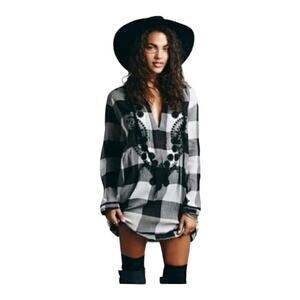 Free People Black and White Plaid Blouse